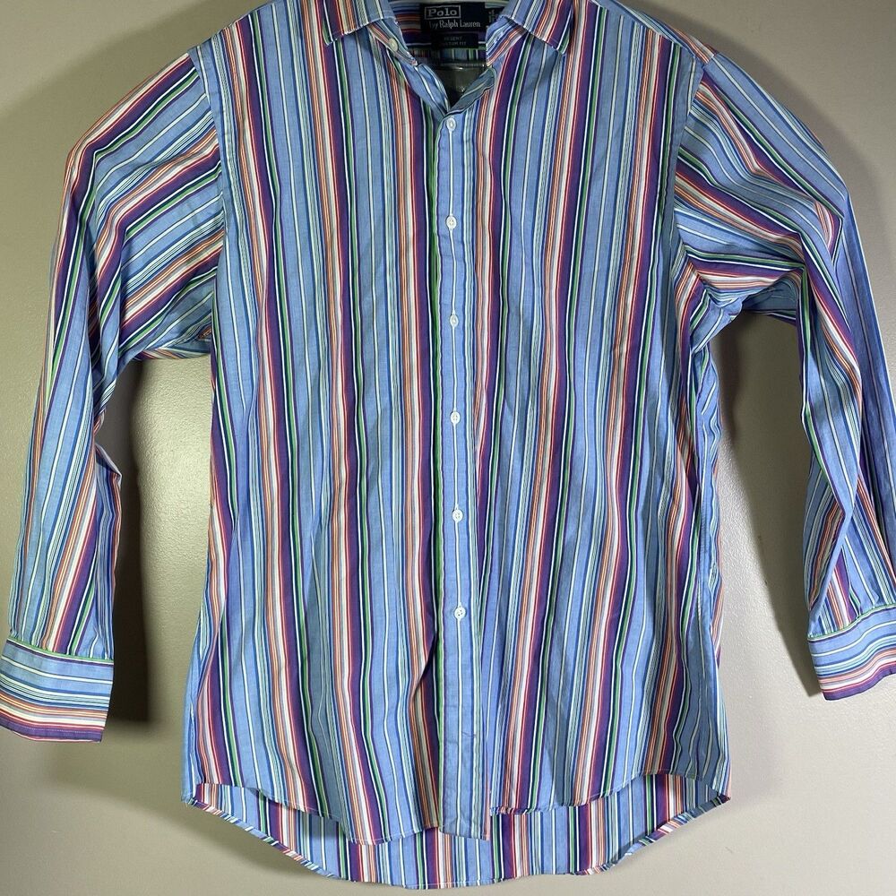 VTG Polo Ralph Lauren Regent Custom Fit Shirt Mens 16 Striped Colorful Party